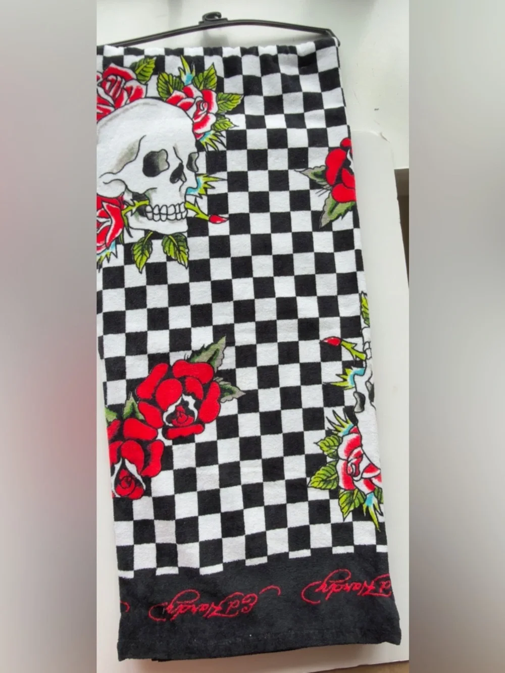 Ed Hardy Black, White & Pink Checkerboard Skull Beach Towel
